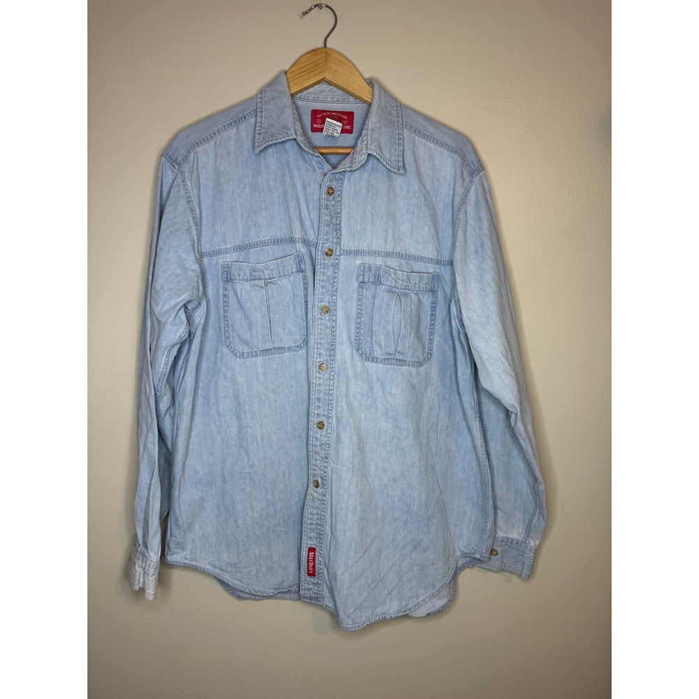 Vintage Marlboro Country Store Denim Shirt Men Large Light Wash Western Workwear